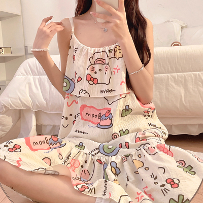 Women's Summer Thin Nightdress Mid-Length Loose Slimming Cloud Cotton with Chest Pad Wearable Cartoon Homewear