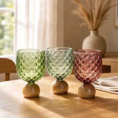 Colored Embossed Glass Water Cups with Wooden Ball Base,Decorative Drinking Glasses for Juice Wine Coffee Home Decor Gift Set
