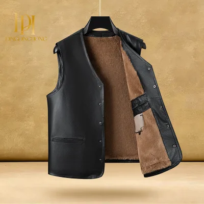 Men's Fleece Lined Genuine Cowhide Vest Loose Plus Size Warm Sleeveless Outer Waistcoat for Middle Aged Dad Autumn Winter
