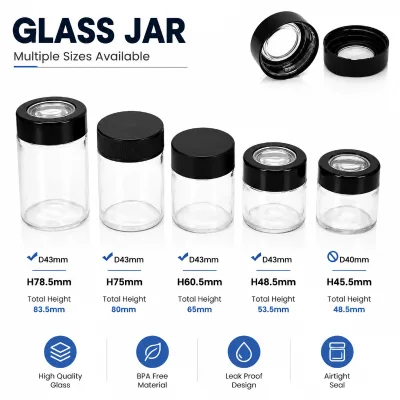 1oz 2oz 3oz 4oz 5oz Premium Clear Glass Food Flower Storage Airtight Jars with Child Resistant Plastic Screw Magnifying Cap