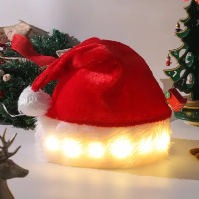 High Quality New Christmas LED Santa Claus Hat Plush Luminous Christmas Decoration Supply