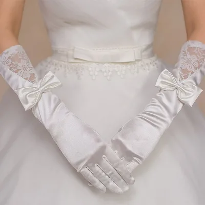 Long White Satin Bow Lace Bridal Gloves Hollow Lace Wedding Party Evening Dress Gloves