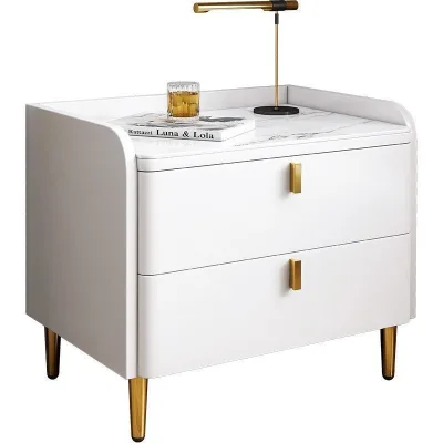 Italian Style Modern Minimalist Wooden Bedside Table with Stone Slab Top Multi-functional Storage Cabinet for Bedroom