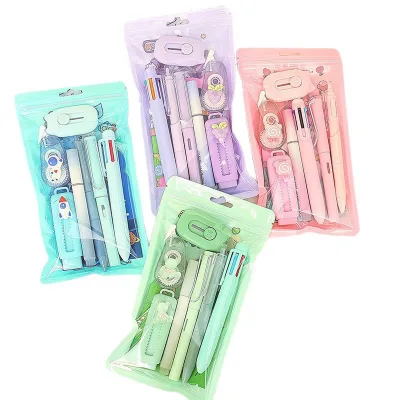 Cartoons Cute Kids Plastic Stationery Set for Birthdays Children's Party Gift Gel Pen Correction Tape Ruler School Supplies