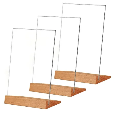 Clear Acrylic Sign Holder With Solid Wood Base, Vertical Double Sided Menu Flyer Stand for Restaurant Cafe Retail Table Display