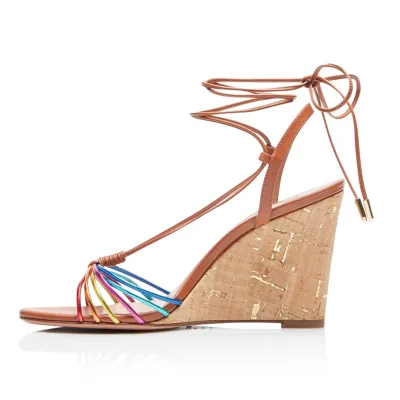2024 Colorful OEM Custom Factory Design Multi PU Leather Ankle Strap High Heels Cork Custom Wedges Sandals for Women