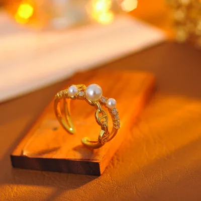 FLBRG53 Luxury Pearl Inlaid Rings Gold Plated Rings for Party Zircon Accented Cuff Ring