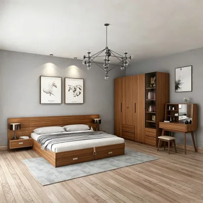 Top-Selected Simple Teak Grain Melamine Drawer Queen Bed Bedroom Furniture Set for Apartment & Dormitory