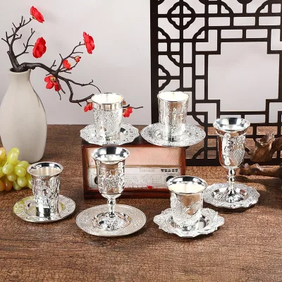 DRM JB5600 European Style Retro Exquisite Embossed Zinc Alloy Goblet High-end Wine Glass Tray Set Silver 7*14CM Light Luxury