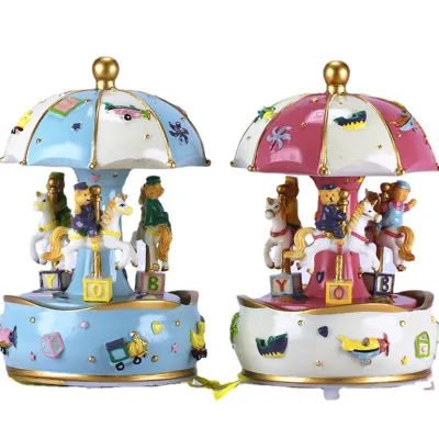 Cute Cartoon Bear Riding a Horse Resin Music Box Happy Birthday Laser Engraved Carousel for Kids Valentine's Day Birthday Gift