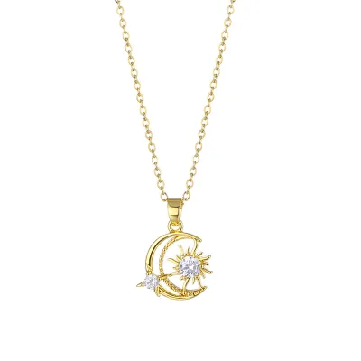 Women's Necklace Stainless Steel Star and Moon Necklace Zircon Small Sun Clavicle Chain Star Moon Pendant Necklace