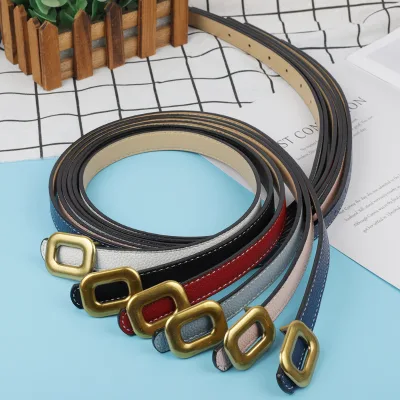 Ladies Thin PU Leather Belt Vintage Versatile Dress Summer Closed Waist Show Thin Belt Women Gold Smooth Buckle Belts