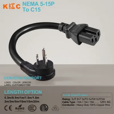 NEMA 5-15P to C15 Heat Resistant Power Cord High Temperature Design for Kitchen Heating Appliances