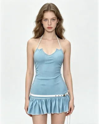 Women Pearl Trim Halter Mini Dress Ruched Waist Ruffle Hem Bodycon Dress With Belt