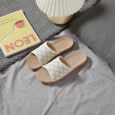 Factory Wholesale Custom Summer Open Toe House Slippers Engineered Knit Printed Upper Linen Insole EVA Soft Outsole
