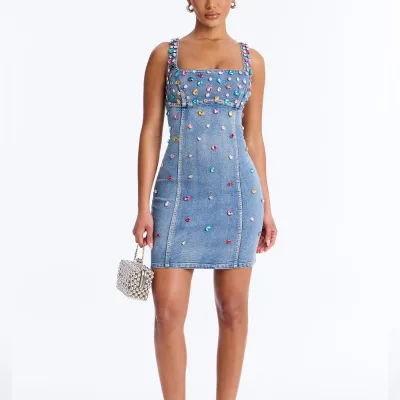 Rhinestone Denim Mini Dress Women Sparkly Crystal Square Neck Bodycon Jean Gown Undefined Abbigliamento Donna Wholesale