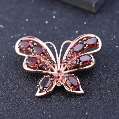 Abiding Factory Price Brooch Pin Jewelry Natural Garnet Butterfly Brooch 925 Sliver Vintage Brooches Women Dresses Jewelry