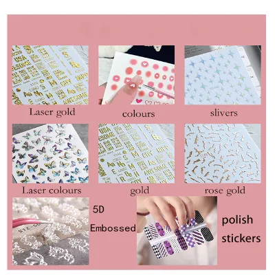 Customized Private Label French 5D/3D Nail Art Stickers Laser Luminous Embossed UV Polish Adhesives DIY Nail Decal Manicure
