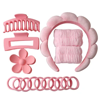 Wholesale Custom 16-Piece Braided Cloud Spa Headband Set Face Wash Wristbands Large Scrunchies Acrylic Claw Clips Beauty Kit