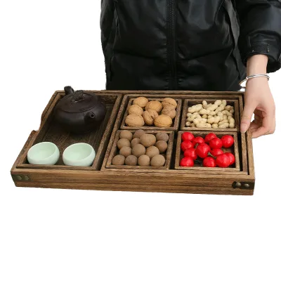 Chinese-style Square Wooden Serving Tray & Plate for Cooking Tea Snacks Fruit Afternoon Refreshments