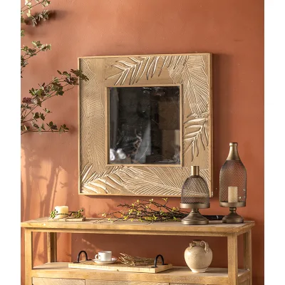Rustic Simple Square Wood Carve Art Decorative Wall Mirror for Home Decor and Living Room Hanging Design Farmhouse