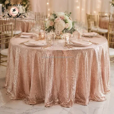 ANNIELU Sequin Round Table Cloth Rose Gold Paillette Glitter Shimmer for Events Wedding Banquet Catering Party Decor