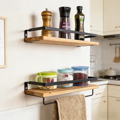 Detachable Handicrafts Modern Wooden Wall Mounted Storage Rack for Bathroom Kitchen Living Room Spice Display