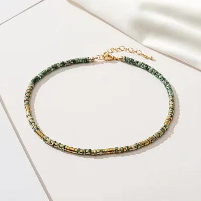 Wholesale Natural Stone Handmade Beaded Clavicle Chain Dark Green Tentaculitoid Twin Natural Stone Necklace
