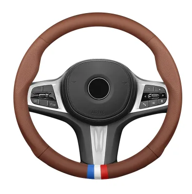 2024 Real Leather Steering Wheel Cover with Car logo Tricolor Car Steering Wheel Cover