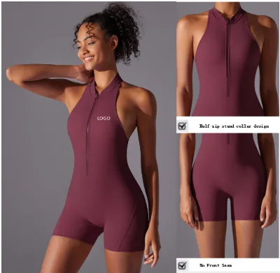Custom Sleeveless Half-zip Shorts Yoga Jumpsuit with Hollow-out Back; Close-fitting Pleated Hip-lifting Fitness Bodysuit for