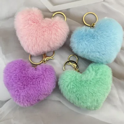 Hot-selling Metal Plush Heart-shaped Pom-pom Keychain Pendant Wholesale Womens Luggage and Car Charms