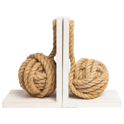 Beach House Vintage Wood Bookends with Heavy Nautical Knot Rope