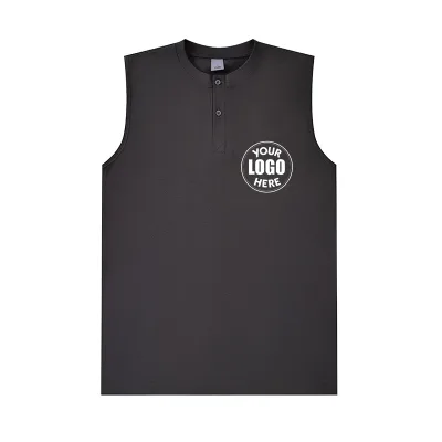 260GSM Custom Embroidery Men's Henley Neck Tank Top Loose Solid Color Cotton Polyester Blend Sleeveless Vest