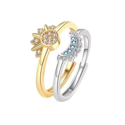 Minimalist Open Mouth Ring Sun and Moon Shining Together Layered Diamond Inlay Personalized Light Luxury Style Ring for Couples