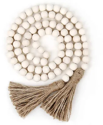 58-Inch Polished Cedar Wood Bead Garland Tassels Rustic Country Farmhouse Style Wall Hanging Boho Prayer Nature Decorative