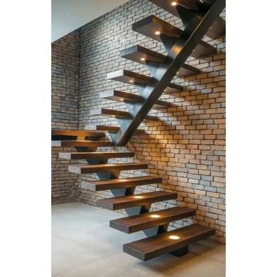 OAK Staircase Treads Carbon Steel Stringer Glass Railing U Shape Straight Stairs Aesthetic Foundation Floating Stair Stairway