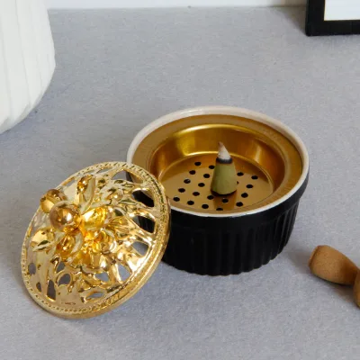 Hot Sale Middle Eastern Black Ceramic Mabkhara Aroma Diffuser Islamic Ceramic Incense burner with Golden Lid