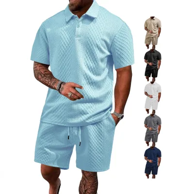 New Casual Sport Style Short Two Piece Set Men's Fashion Solid Color Jacquard Short Sleeve Pullover Polo Shirt Short 2 Piece Set