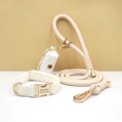 Hot Sale Teddy Velvet Adjustable Dog Collar Set,Strong Rope Leash with Poop Bag Holder,Comfortable Puppy Collar Factory Directly