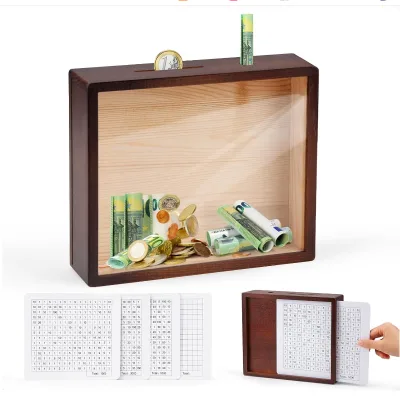 Wood Piggy Bank Durable Wooden Piggy Bank With Savings Plans Reusable Money Bank With DIY Acrylic Front