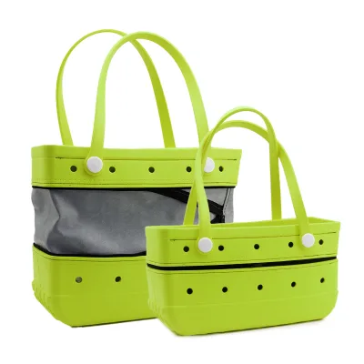 New Folding EVA Beach Bag 2 Shoulder Straps Retractable Design Waterproof Zipper Customizable Size for Outdoor Storage Shopping