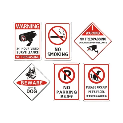 Warning Metal Sign Set, 24-hour Video, No Smoking, No Parking. Bilingual Aluminum Safety Sign. Suitable for Courtyard Stores.