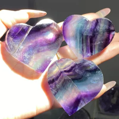 Wholesale Nature Rainbow Fluorite Heart Crystal Crafts Beautiful Palm Stone Colourful Fluorite love for Home Collect