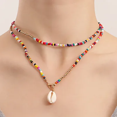 Jachon Bohemian Beach Necklace Colorful Beads Double Layer Shell Necklace Fashion Jewelry for Women Gifts