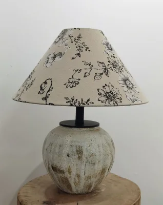 French Country Ceramic Table Lamp, Linen Shade with Black White Floral Pattern, Vintage Bedside Decor