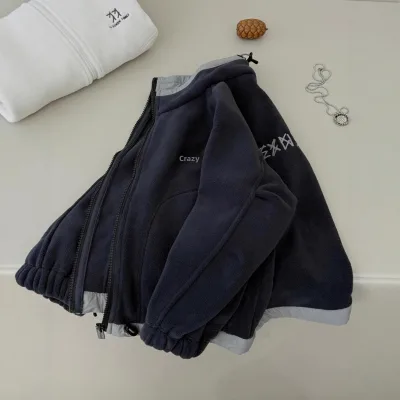 Kids Boys Double-Sided Polar Fleece Stand Collar Mid-Length Zipper Closure Korean Style Winter Warm-Keeping Padded