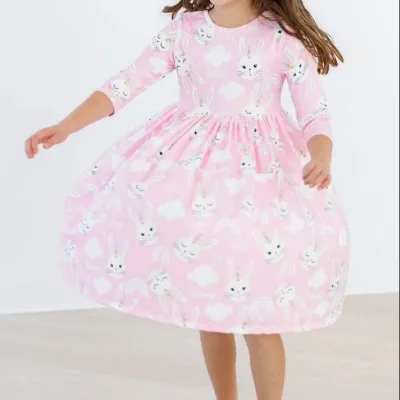 Custom Factory Sale Children Dresses 6-12 Years Floral Bamboo Dress Autumn Girls Rabbit Printed Dress Toddlers for Girls