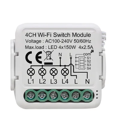 Smart Home Automation System 100-240V AC Tuya Smart WiFi 4 Channel Mini Switch Module With APP Control PST-S04