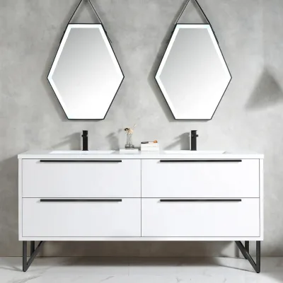 Modern Freestanding & Wall Mount Double Sink Bathroom Vanity Set 4 Soft Close Storage Drawers with Long Black Bar Pull Handles