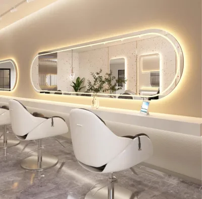 Modern Full-Length LED Light Gold Hairdressing Mirror Styling Wall Furniture for Salons Metal Design